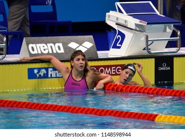 Budapest, Hungary - Jul 26, 2017. Competitive swimmer SZILAGYI Liliana (HUN) and PIROZZI Stefania (ITA) in the 200m butterfly Semifinal. FINA Swimming World Championship was held in Duna Arena.