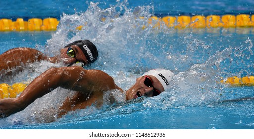 Budapest, Hungary - Jul 26, 2017. Competitive swimmer PALTRINIERI Gregorio (ITA) and WOJDAK Wojciech (POL) in the 800m freestyle Final. FINA Swimming World Championship was held in Duna Arena.