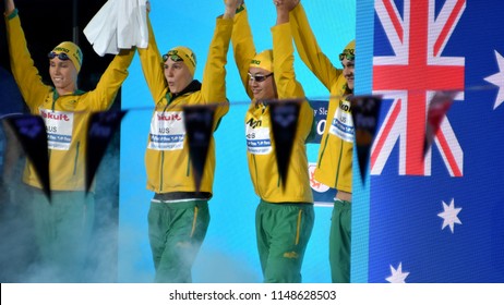 Budapest, Hungary - Jul 26, 2017. Team  Australia (LARKIN Mitchell, CAVE Daniel, MCKEON Emma, CAMPBELL Bronte) in the Mixed 4x100m Medley Relay Final. FINA Swimming World Championship.