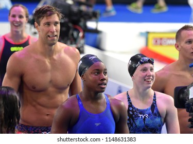 Budapest, Hungary - Jul 26, 2017. Team  USA (GREVERS Matt, KING Lilly, DRESSEL Caeleb Remel, MANUEL Simone) in the Mixed 4x100m Medley Relay Final. FINA Swimming World Championship.