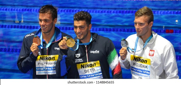 Budapest, Hungary - Jul 26, 2017. WOJDAK Wojciech (POL), PALTRINIERI Gregorio (ITA) and winner DETTI Gabriele (ITA) at Victory Ceremony of the Men's 800m freestyle. FINA Swimming World Championship.