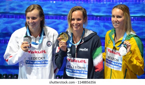 Budapest, Hungary - Jul 26, 2017. MCKEON Emma (AUS), LEDECKY Katie (USA) and winner PELLEGRINI Federica (ITA) at the Victory Ceremony of the Women's 200m Freestyle. FINA Swimming World Championship.