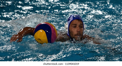 Budapest, Hungary - Jul 27, 2017. VLACHOPOULOS Angelos (12) greek waterpolo player in the Semifinal. FINA Waterpolo World Championship was held in Alfred Hajos Swimming Centre in 2017.