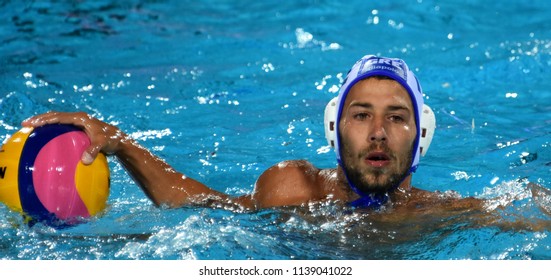 Budapest, Hungary - Jul 27, 2017. VLACHOPOULOS Angelos (12) greek waterpolo player in the Semifinal. FINA Waterpolo World Championship was held in Alfred Hajos Swimming Centre in 2017.