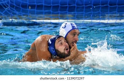 Budapest, Hungary - Jul 27, 2017. MEZEI Tamas (HUN, cap 11) fights against DELAKAS Evangelos Ioannis (GRE, cap 3). FINA Waterpolo World Championship, Semifinal.