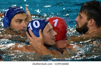 Budapest, Hungary - Jul 27, 2017. Happy Hungarian Team (NAGY Viktor 1, VARGA Denes 10, MEZEI Tamas 11) After Winning In The Semifinal. FINA Waterpolo World Championship.