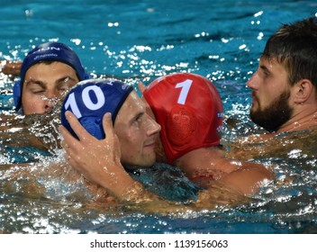 Budapest, Hungary - Jul 27, 2017. Happy Hungarian Team (NAGY Viktor 1, VARGA Denes 10, MEZEI Tamas 11) After Winning In The Semifinal. FINA Waterpolo World Championship.