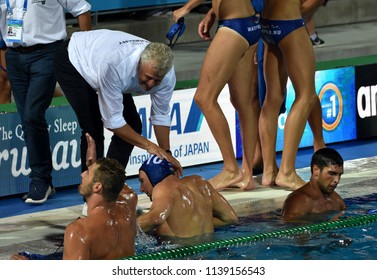 Budapest, Hungary - Jul 27, 2017. Happy Hungarian Team (GERENDAS Gyorgy, VARGA Denes 10) After Winning In The Semifinal. FINA Waterpolo World Championship.