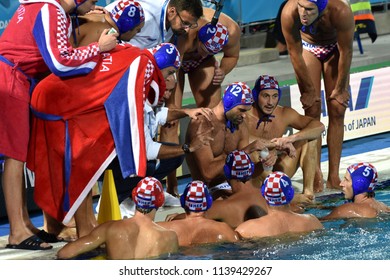 Budapest, Hungary - Jul 27, 2017. TUCAK Ivica Head Coach And The Croatian Men Waterpolo Team In The Final. FINA Waterpolo World Championship Was Held In Alfred Hajos Swimming Centre In 2017.