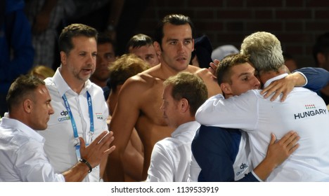 Budapest, Hungary - Jul 27, 2017. Sad hungarian team (GOR-NAGY Miklos 8) after losing in the Final against Croatia. FINA Waterpolo World Championship.