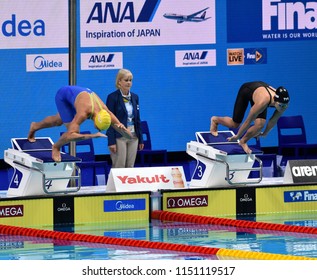 Budapest, Hungary - Jul 27, 2017. Competitive swimmer SJOSTROM Sarah (SWE) and COMERFORD Mallory (USA) in the 100m Freestyle Semifinal. FINA Swimming World Championship was held in Duna Arena.