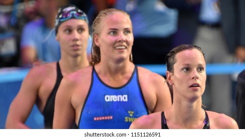 Budapest, Hungary - Jul 27, 2017. PELLEGRINI Federica (ITA), COLEMAN Michelle (SWE) and COMERFORD Mallory (USA) after 100m Freestyle Semifinal. FINA Swimming World Championship was held in Duna Arena.