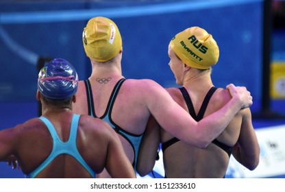 Budapest, Hungary - Jul 27, 2017. Competitive swimmer SEEBOHM Emily (AUS) and BARRATT Holly (AUS) after the 50m Backstroke Final. FINA Swimming World Championship was held in Duna Arena.