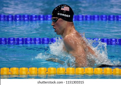 Budapest, Hungary - Jul 27, 2017. Competitive swimmer CORDES Kevin (USA) in the 200m Breaststroke Semifinal. FINA Swimming World Championship was held in Duna Arena.