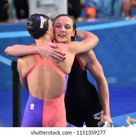 Budapest, Hungary - Jul 27, 2017. Competitive swimmer HOSSZU Katinka (HUN) and BELMONTE Mireia (ESP) after the 200m Butterfly Final. FINA Swimming World Championship was held in Duna Arena.