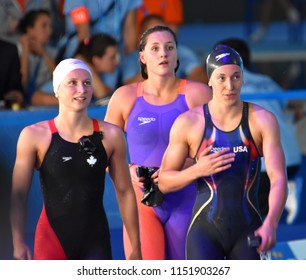 Budapest, Hungary - Jul 27, 2017. GALAT Bethany (USA), MCGREGOR Ashley (CAN) and RENSHAW Molly (GBR) after the 200m Breaststroke Semifinal. FINA Swimming World Championship was held in Duna Arena.