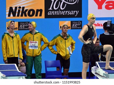 Budapest, Hungary - Jul 27, 2017. Team Australia (WILSON Madison, MCKEON Emma, NGAWATI Kotuku, TITMUS Ariarne) in the Women 4x200m Freestyle Final. FINA Swimming World Championship in Duna Arena.