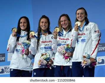 Budapest, Hungary - Jul 27, 2017. Winner Team USA (SMITH Leah, COMERFORD Mallory, MARGALIS Melanie, LEDECKY Katie) at the Victory Ceremony of Women 4x200m Freestyle. FINA Swimming World Championship.
