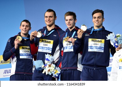 Budapest, Hungary - Jul 28, 2017. Winner Team GBR (MILNE Stephen, GRAINGER Nicholas, SCOTT Duncan, GUY James) At The Victory Ceremony Of Men 4x200m Freestyle. FINA Swimming World Championship.