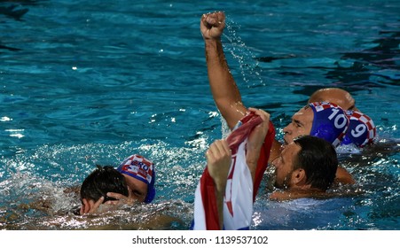 Budapest, Hungary - Jul 29, 2017. Happy croatian team after winning in the Final against Hungary. FINA Waterpolo World Championship was held in Alfred Hajos Swimming Centre in 2017.