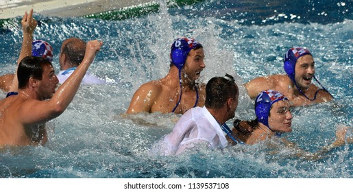 Budapest, Hungary - Jul 29, 2017. Happy croatian team after winning in the Final against Hungary. FINA Waterpolo World Championship was held in Alfred Hajos Swimming Centre in 2017.
