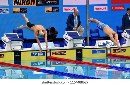 Budapest, Hungary - Jul 29, 2017. Competitive swimmer CSEH Laszlo (HUN) and SCHOOLING Joseph (SGP) in the 100m Butterfly Final. FINA Swimming World Championship was held in Duna Arena.