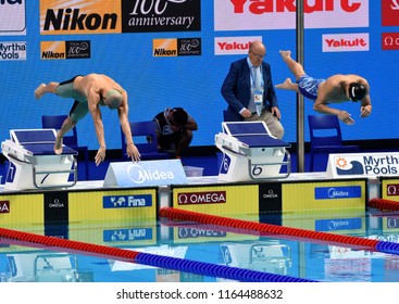 Budapest, Hungary - Jul 29, 2017. Competitive swimmer CSEH Laszlo (HUN) and SCHOOLING Joseph (SGP) in the 100m Butterfly Final. FINA Swimming World Championship was held in Duna Arena.