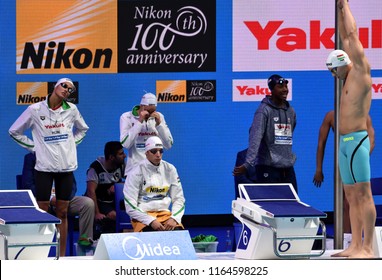Budapest, Hungary - Jul 29, 2017. Team Hungary (KOZMA Dominik, BOHUS Richard, JAKABOS Zsuzsanna, VERRASZTO Evelin) in the Mixed 4x100m Freestyle Final. FINA Swimming World Championship in Duna Arena.