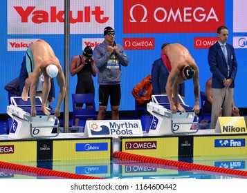 Budapest, Hungary - Jul 29, 2017. KOZMA Dominik (HUN) and DRESSEL Caeleb Remel (USA) in the Mixed 4x100m Freestyle Final. FINA Swimming World Championship in Duna Arena.