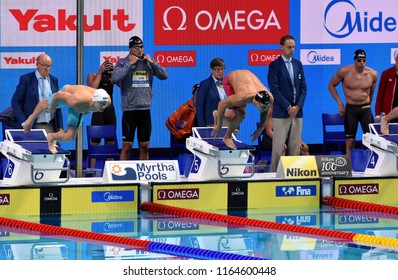 Budapest, Hungary - Jul 29, 2017. KOZMA Dominik (HUN) and DRESSEL Caeleb Remel (USA) in the Mixed 4x100m Freestyle Final. FINA Swimming World Championship in Duna Arena.