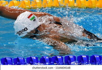Budapest, Hungary - Jul 29, 2017. JAKABOS Zsuzsanna (HUN) swimming in the Mixed 4x100m Freestyle Final. FINA Swimming World Championship in Duna Arena.