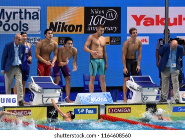 Budapest, Hungary - Jul 29, 2017. Team Hungary and Team Japan in the Mixed 4x100m Freestyle Final. FINA Swimming World Championship in Duna Arena.