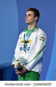 Budapest, Hungary - Jul 29, 2017. Silver medalist MILAK Kristof (HUN) at the Victory Ceremony of the Men 100m Butterfly. FINA Swimming World Championship.