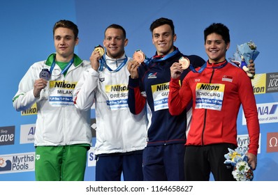 Budapest, Hungary - Jul 29, 2017. MILAK Kristof (HUN), DRESSEL Caeleb (USA), GUY James (GBR), SCHOOLING Joseph (SGP) at the Victory Ceremony of the Men 100m Butterfly. FINA Swimming World Championship