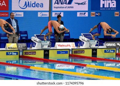 Budapest, Hungary - Jul 30, 2017. DETTI Gabriele (ITA), ROMANCHUK Mykhailo (UKR) and PALTRINIERI Gregorio (ITA) in the 1500m Freestyle Final. FINA Swimming World Championship was held in Duna Arena.