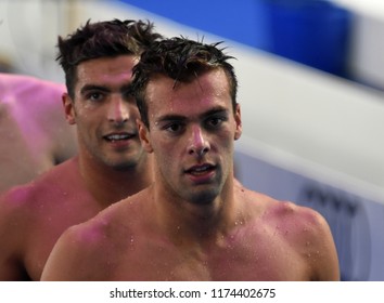 Budapest, Hungary - Jul 30, 2017. Italian swimmers PALTRINIERI Gregorio and DETTI Gabriele after the 1500m Freestyle Final. FINA Swimming World Championship was held in Duna Arena.