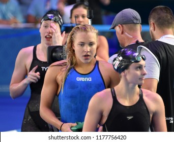 Budapest, Hungary - Jul 30, 2017. MEILI Katie (USA), MEILUTYTE Ruta (LTU) and KING Lilly (USA) after the 50m Breaststroke Final. FINA Swimming World Championship was held in Duna Arena.
