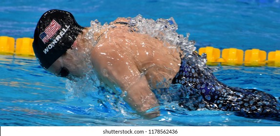 Budapest, Hungary - Jul 30, 2017. WORRELL Kelsi (USA) in the Women 4x100m Medley Relay Final. FINA Swimming World Championship was held in Duna Arena.