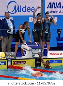 Budapest, Hungary - Jul 30, 2017. Team USA (BAKER Kathleen, KING Lilly, WORRELL Kelsi, MANUEL Simone) win the Women 4x100m Medley Relay Final. FINA Swimming World Championship was held in Duna Arena.