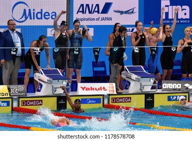 Budapest, Hungary - Jul 30, 2017. Team USA (BAKER Kathleen, KING Lilly, WORRELL Kelsi, MANUEL Simone) win the Women 4x100m Medley Relay Final. FINA Swimming World Championship was held in Duna Arena.
