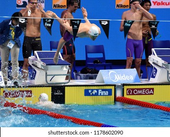 Budapest, Hungary - Jul 30, 2017. MILAK Kristof (HUN) in the Men 4x100m Medley Relay Final. FINA Swimming World Championship was held in Duna Arena.