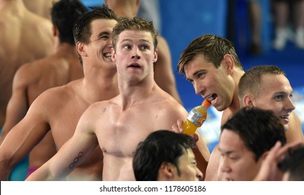 Budapest, Hungary - Jul 30, 2017. Team USA (GREVERS Matt, CORDES Kevin, DRESSEL Caeleb Remel, ADRIAN Nathan) in the Men 4x100m Medley Relay Final. FINA Swimming World Championship.
