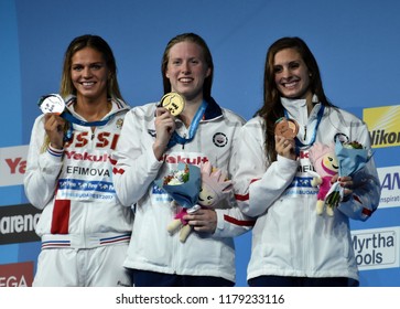 Budapest, Hungary - Jul 30, 2017. EFIMOVA Yuliya (USA), KING Lilly (USA) and MEILI Katie (USA) at the Victory Ceremony of the Women 50m Breaststroke. FINA Swimming World Championship.