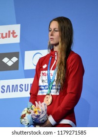 Budapest, Hungary - Jul 30, 2017. Bronze medalist PICKREM Sydney (CAN) at the Victory Ceremony of the Women 400m Individual Medley. FINA Swimming World Championship.