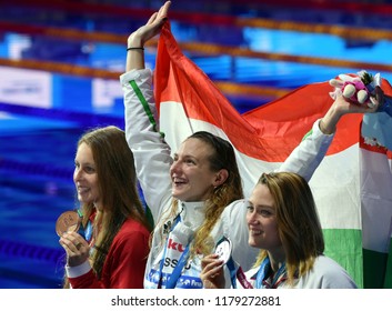 Budapest, Hungary - Jul 30, 2017. BELMONTE Mireia (ESP), HOSSZU Katinka (HUN) and PICKREM Sydney (CAN) at the Victory Ceremony of the Women 400m Individual Medley. FINA Swimming World Championship.