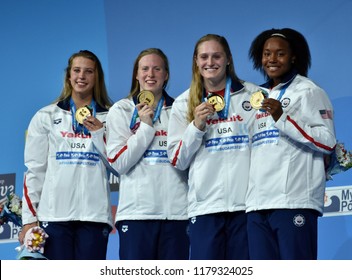 Budapest, Hungary - Jul 30, 2017. Gold medalist USA (BAKER Kathleen, KING Lilly, WORRELL Kelsi, MANUEL Simone) at Victory Ceremony of the Women 4x100m Medley Relay. FINA Swimming World Championship.