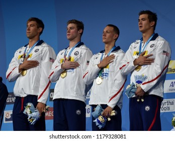 Budapest, Hungary - Jul 30, 2017. Gold medalist USA (GREVERS Matt, CORDES Kevin, DRESSEL Caeleb, ADRIAN Nathan) at the Victory Ceremony of the Men 4x100m Medley Relay. FINA Swimming World Championship