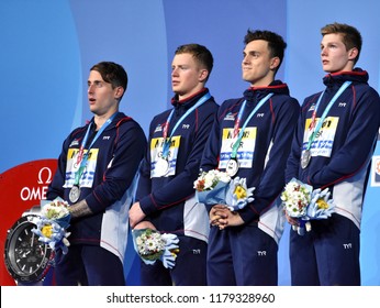 Budapest, Hungary - Jul 30, 2017. Silver medalist GBR (WALKER-HEBBORN Chris, PEATY Adam, GUY James, SCOTT Duncan) at Victory Ceremony of the Men 4x100m Medley Relay. FINA Swimming World Championship.