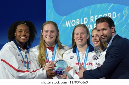 Budapest, Hungary - Jul 30, 2017. World Recorder Team USA (BAKER Kathleen, KING Lilly, WORRELL Kelsi, MANUEL Simone) at the Victory Ceremony of Women Medley 4x100m. FINA Swimming World Championships.