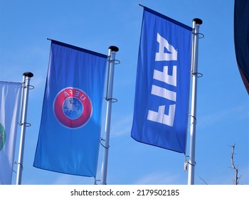 Budapest, Hungary - July 12, 2021: Hungarian, Budapest, FIFA and UEFA flags in front of the building of the Hungarian Football Association
